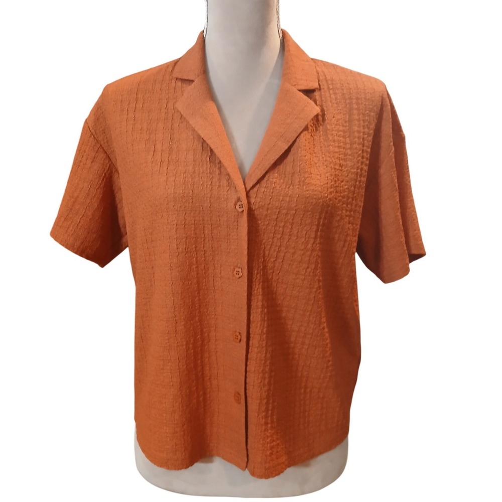 DR2 Womens Burnt Orange Textured Button Up Short Sleeve Shirt Size S Small